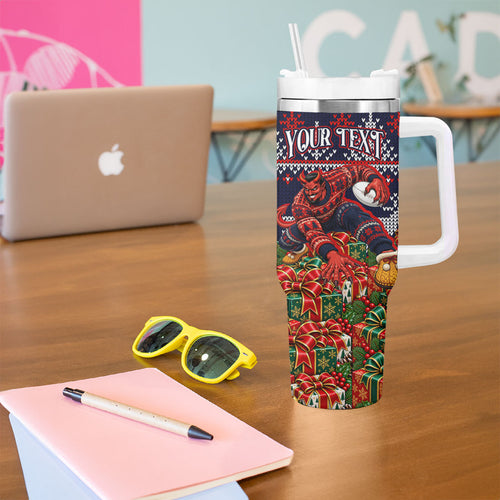 Personalized Melbourne Football Christmas Tumbler With Handle Australian Football Mascot - Ugly Xmas Pattern Festive