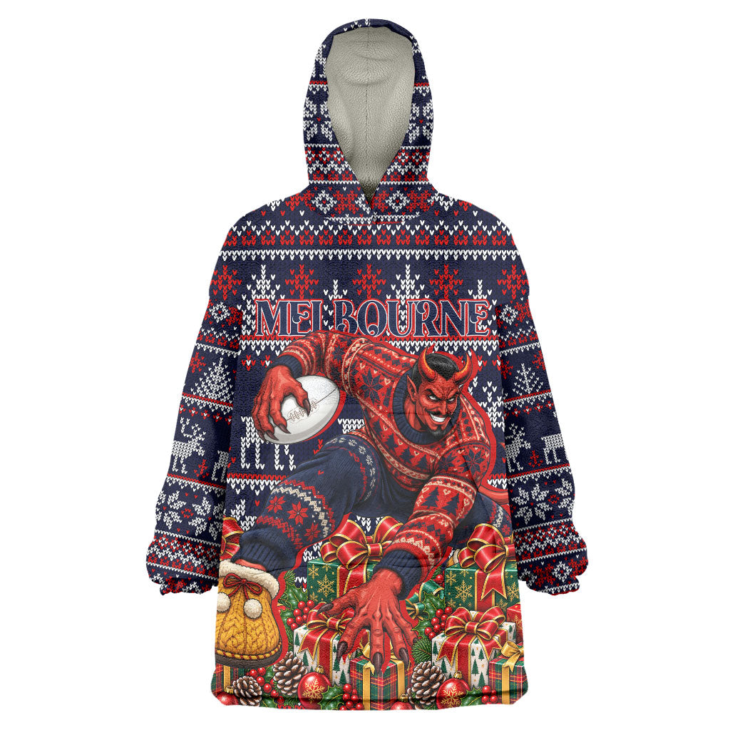 Personalized Melbourne Football Christmas Wearable Blanket Hoodie Australian Football Mascot - Ugly Xmas Pattern Festive