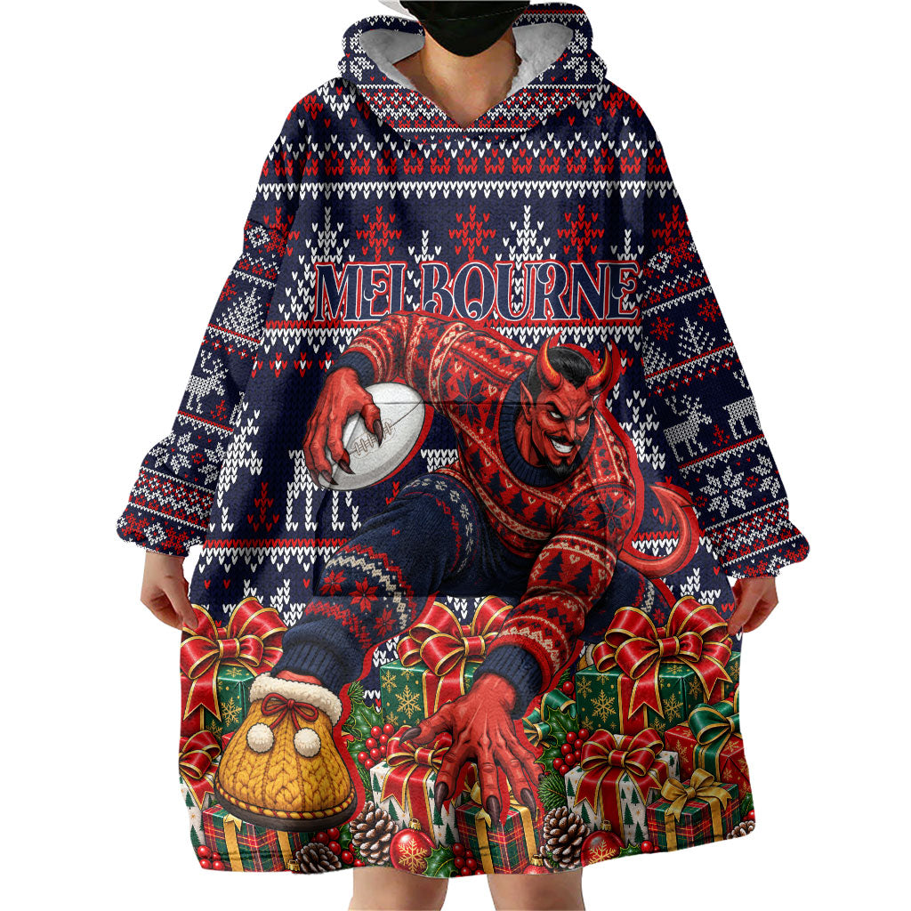Personalized Melbourne Football Christmas Wearable Blanket Hoodie Australian Football Mascot - Ugly Xmas Pattern Festive