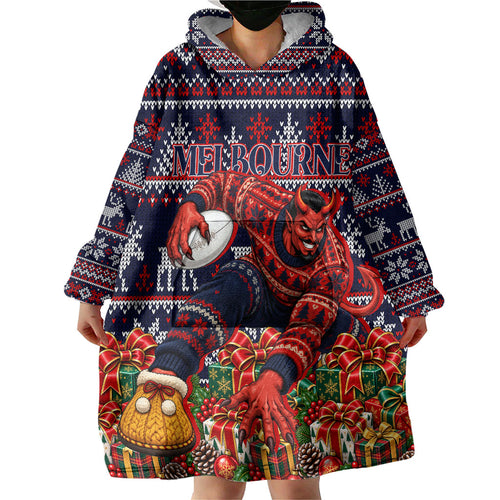 Personalized Melbourne Football Christmas Wearable Blanket Hoodie Australian Football Mascot - Ugly Xmas Pattern Festive