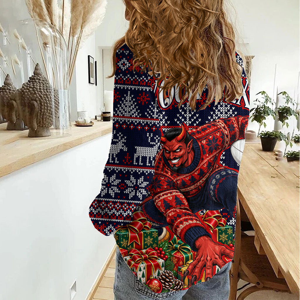 Personalized Melbourne Football Christmas Women Casual Shirt Australian Football Mascot - Ugly Xmas Pattern Festive