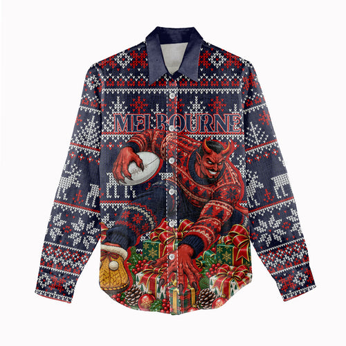 Personalized Melbourne Football Christmas Women Casual Shirt Australian Football Mascot - Ugly Xmas Pattern Festive