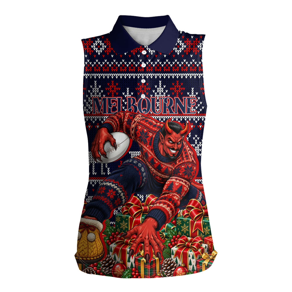 Personalized Melbourne Football Christmas Women Sleeveless Polo Shirt Australian Football Mascot - Ugly Xmas Pattern Festive
