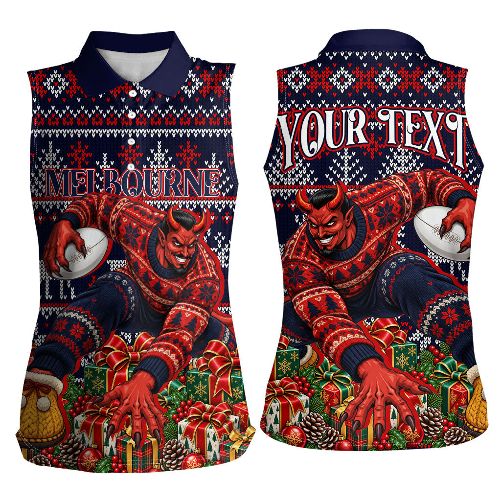 Personalized Melbourne Football Christmas Women Sleeveless Polo Shirt Australian Football Mascot - Ugly Xmas Pattern Festive