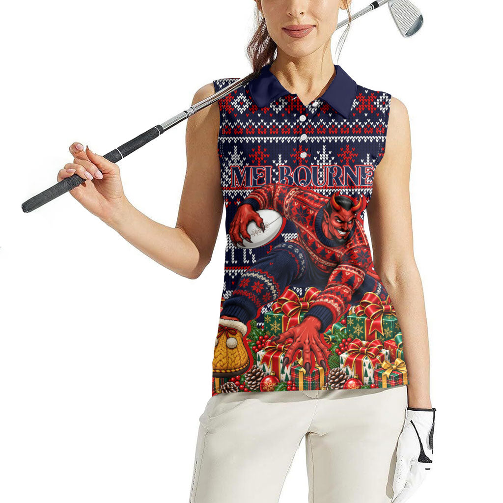 Personalized Melbourne Football Christmas Women Sleeveless Polo Shirt Australian Football Mascot - Ugly Xmas Pattern Festive