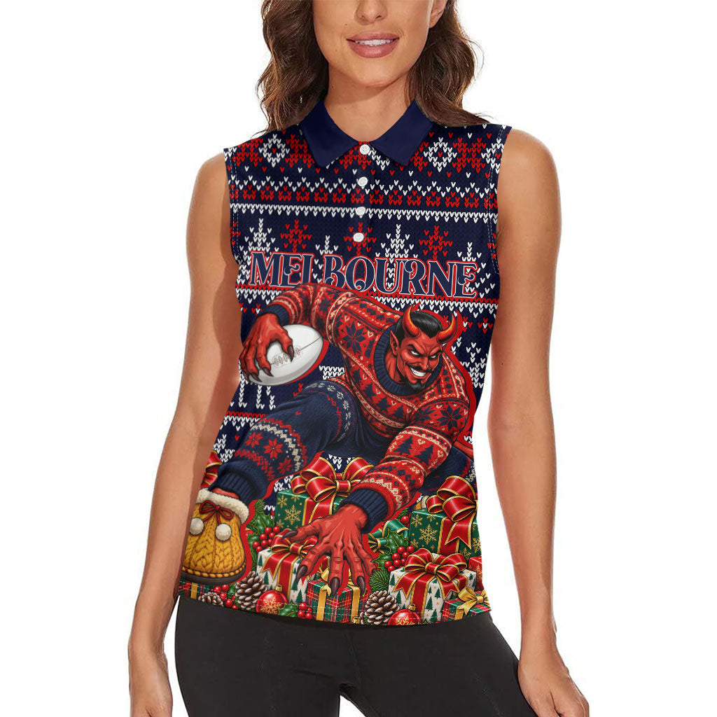 Personalized Melbourne Football Christmas Women Sleeveless Polo Shirt Australian Football Mascot - Ugly Xmas Pattern Festive