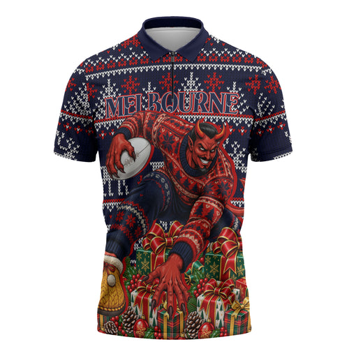 Personalized Melbourne Football Christmas Zipper Polo Shirt Australian Football Mascot - Ugly Xmas Pattern Festive