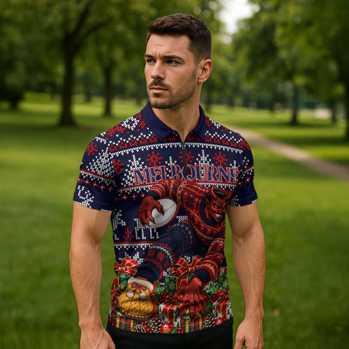 Personalized Melbourne Football Christmas Zipper Polo Shirt Australian Football Mascot - Ugly Xmas Pattern Festive