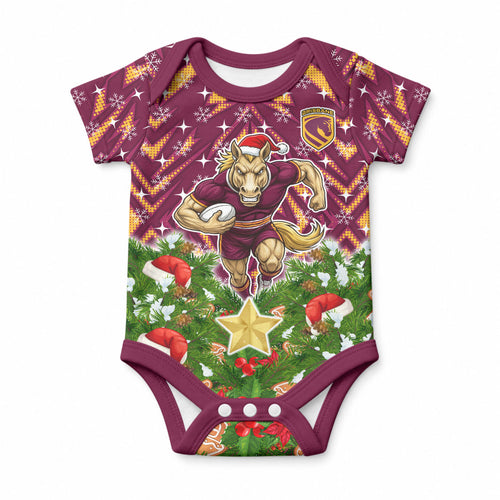 Personalised Broncos Rugby Christmas Baby Onesie Santa Rugby Mascot - Pine Wreath Festive