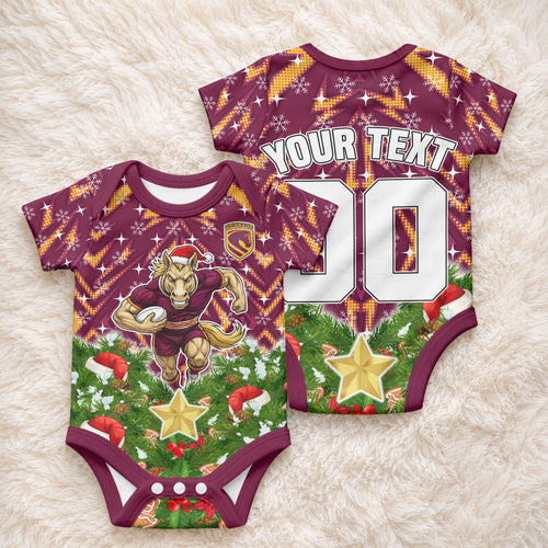 Personalised Broncos Rugby Christmas Baby Onesie Santa Rugby Mascot - Pine Wreath Festive
