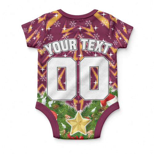 Personalised Broncos Rugby Christmas Baby Onesie Santa Rugby Mascot - Pine Wreath Festive