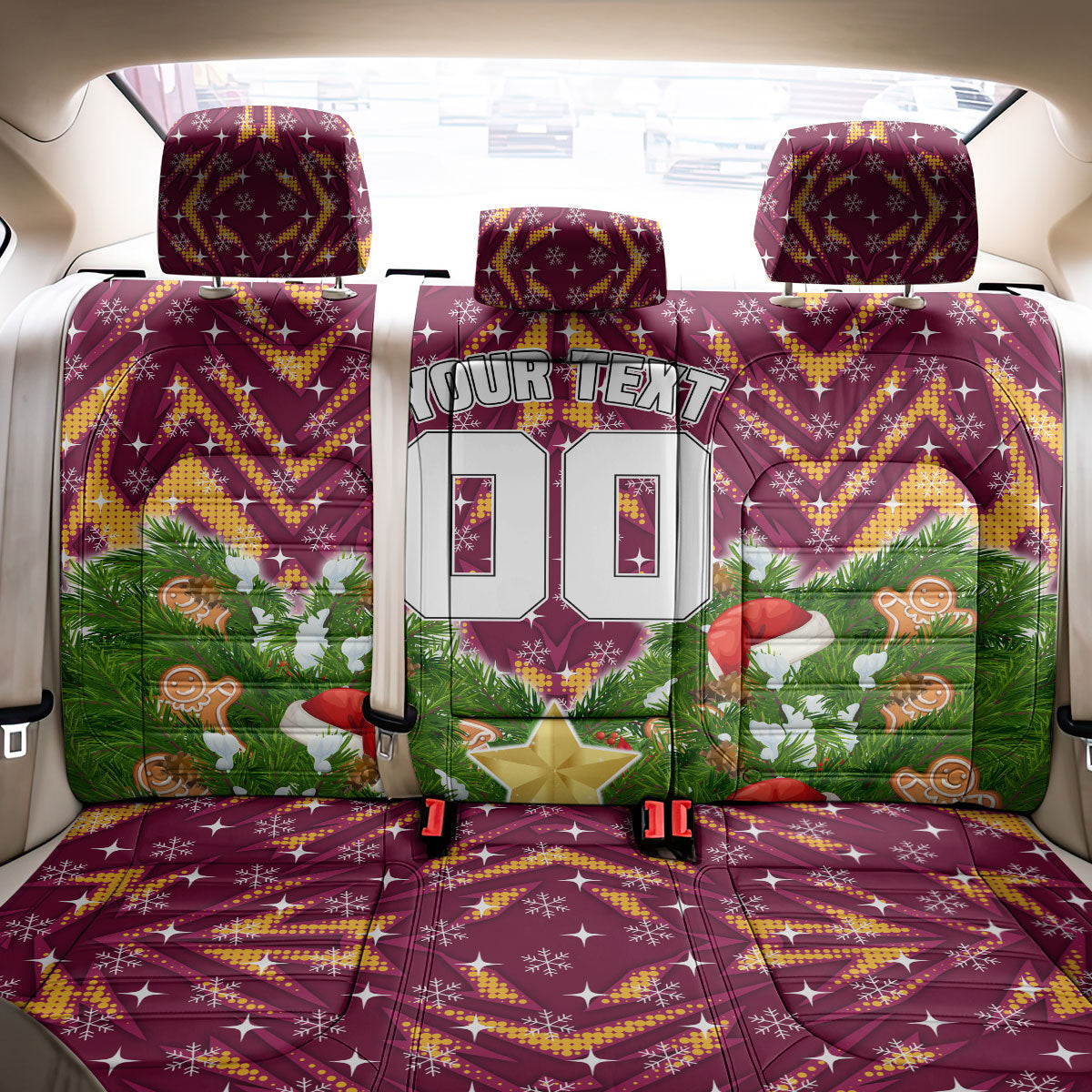 Personalised Broncos Rugby Christmas Back Car Seat Cover Santa Rugby Mascot - Pine Wreath Festive