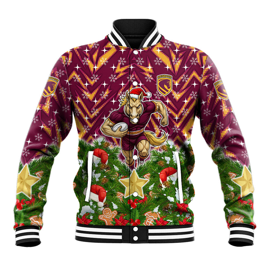 Personalised Broncos Rugby Christmas Baseball Jacket Santa Rugby Mascot - Pine Wreath Festive