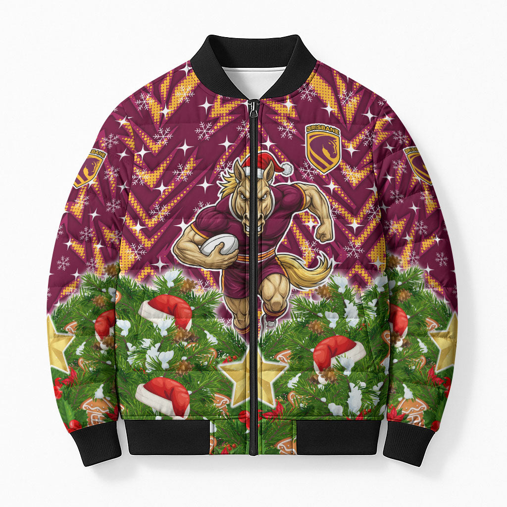 Personalised Broncos Rugby Christmas Bomber Puffer Jacket Santa Rugby Mascot - Pine Wreath Festive