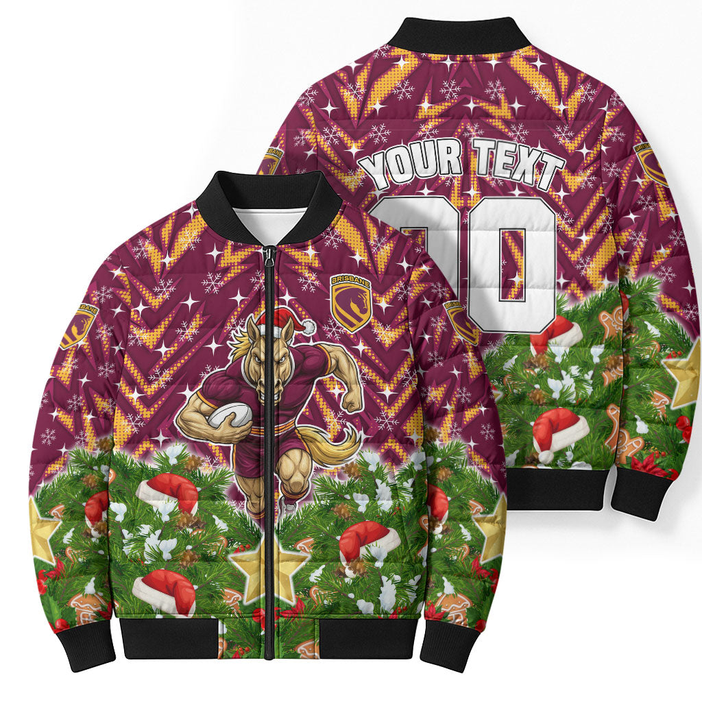 Personalised Broncos Rugby Christmas Bomber Puffer Jacket Santa Rugby Mascot - Pine Wreath Festive