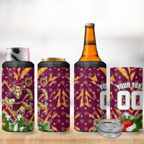 Personalised Broncos Rugby Christmas 4 in 1 Can Cooler Tumbler Santa Rugby Mascot - Pine Wreath Festive