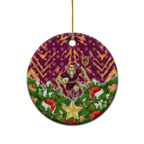 Broncos Rugby Christmas Ceramic Ornament Santa Rugby Mascot - Pine Wreath Festive