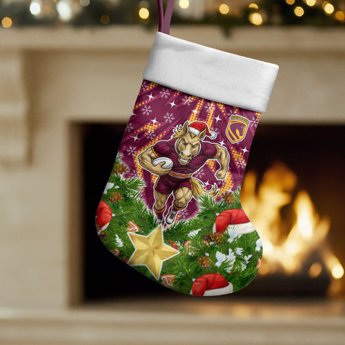 Broncos Rugby Christmas Stocking Santa Rugby Mascot - Pine Wreath Festive
