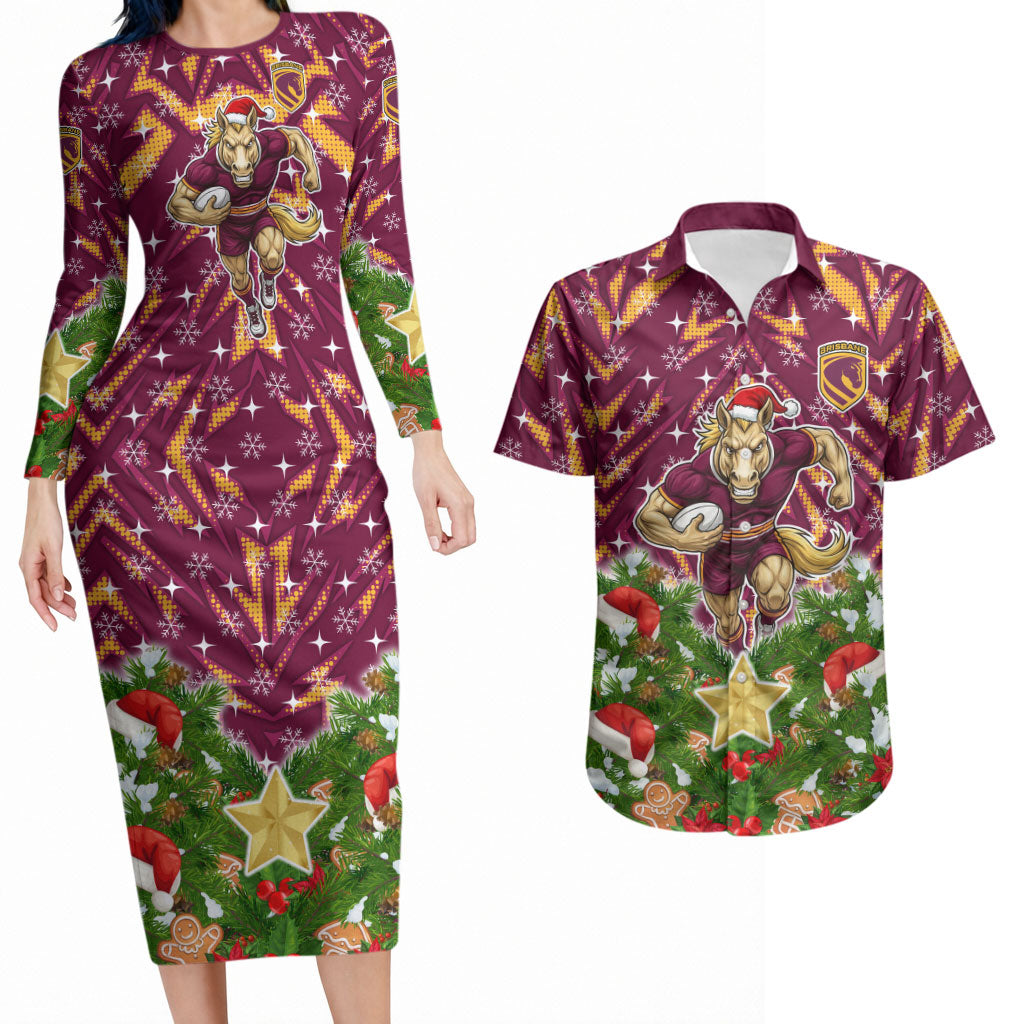 Personalised Broncos Rugby Christmas Couples Matching Long Sleeve Bodycon Dress and Hawaiian Shirt Santa Rugby Mascot - Pine Wreath Festive
