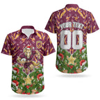 Personalised Broncos Rugby Christmas Couples Matching Long Sleeve Bodycon Dress and Hawaiian Shirt Santa Rugby Mascot - Pine Wreath Festive