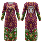 Personalised Broncos Rugby Christmas Couples Matching Long Sleeve Bodycon Dress and Hawaiian Shirt Santa Rugby Mascot - Pine Wreath Festive