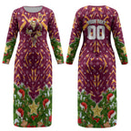 Personalised Broncos Rugby Christmas Couples Matching Long Sleeve Bodycon Dress and Long Sleeve Button Shirt Santa Rugby Mascot - Pine Wreath Festive