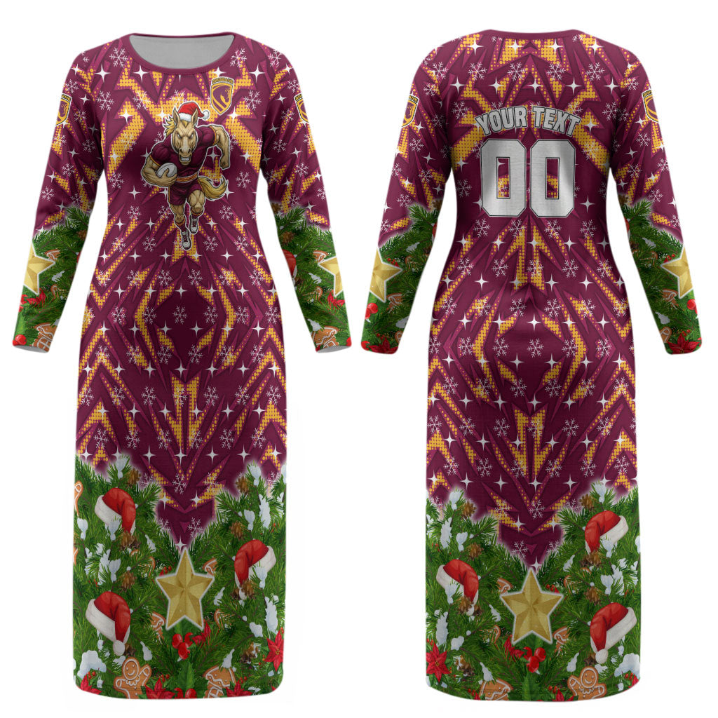 Personalised Broncos Rugby Christmas Couples Matching Long Sleeve Bodycon Dress and Long Sleeve Button Shirt Santa Rugby Mascot - Pine Wreath Festive