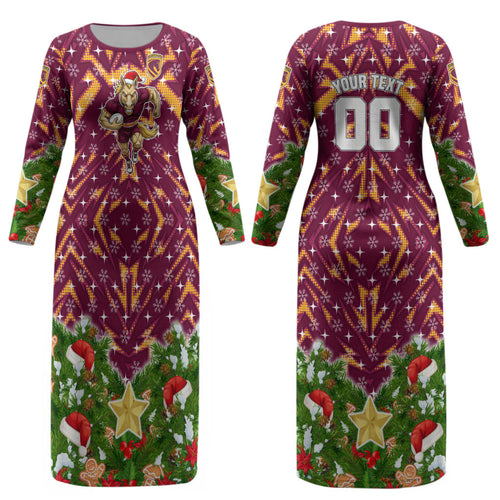 Personalised Broncos Rugby Christmas Couples Matching Long Sleeve Bodycon Dress and Long Sleeve Button Shirt Santa Rugby Mascot - Pine Wreath Festive