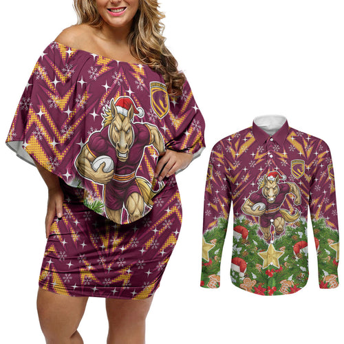 Personalised Broncos Rugby Christmas Couples Matching Off Shoulder Short Dress and Long Sleeve Button Shirt Santa Rugby Mascot - Pine Wreath Festive