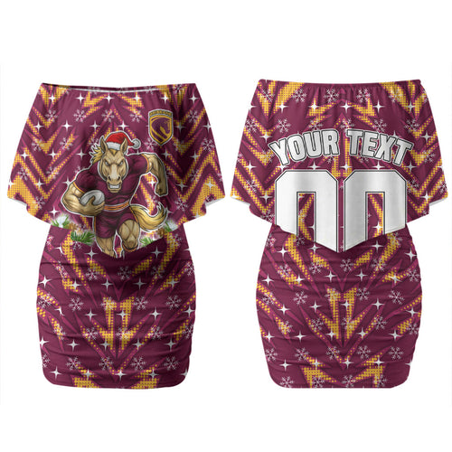 Personalised Broncos Rugby Christmas Couples Matching Off Shoulder Short Dress and Long Sleeve Button Shirt Santa Rugby Mascot - Pine Wreath Festive