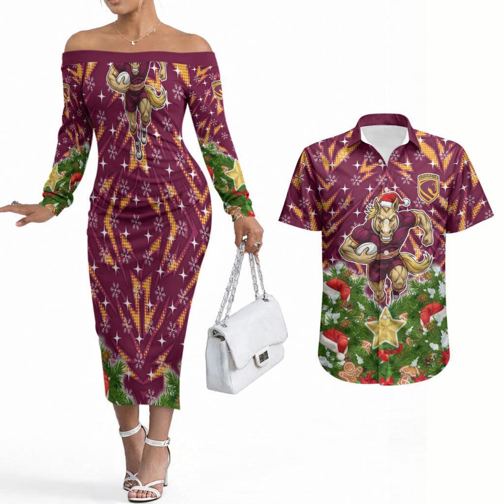 Personalised Broncos Rugby Christmas Couples Matching Off The Shoulder Long Sleeve Dress and Hawaiian Shirt Santa Rugby Mascot - Pine Wreath Festive