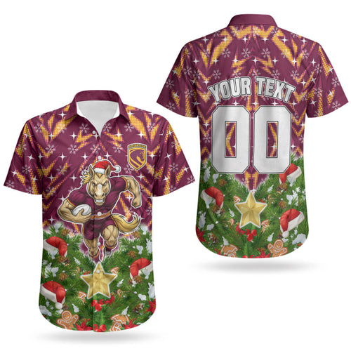 Personalised Broncos Rugby Christmas Couples Matching Off The Shoulder Long Sleeve Dress and Hawaiian Shirt Santa Rugby Mascot - Pine Wreath Festive