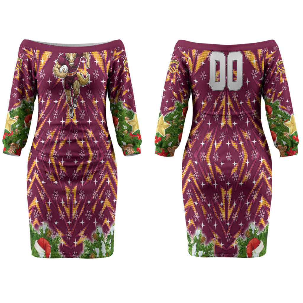 Personalised Broncos Rugby Christmas Couples Matching Off The Shoulder Long Sleeve Dress and Hawaiian Shirt Santa Rugby Mascot - Pine Wreath Festive