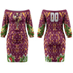 Personalised Broncos Rugby Christmas Couples Matching Off The Shoulder Long Sleeve Dress and Hawaiian Shirt Santa Rugby Mascot - Pine Wreath Festive