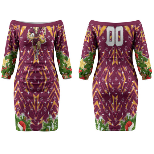 Personalised Broncos Rugby Christmas Couples Matching Off The Shoulder Long Sleeve Dress and Hawaiian Shirt Santa Rugby Mascot - Pine Wreath Festive