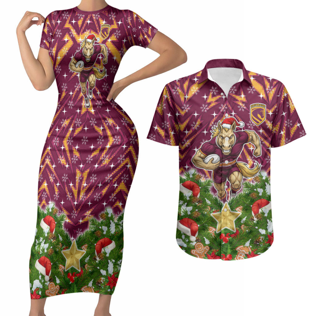 Personalised Broncos Rugby Christmas Couples Matching Short Sleeve Bodycon Dress and Hawaiian Shirt Santa Rugby Mascot - Pine Wreath Festive
