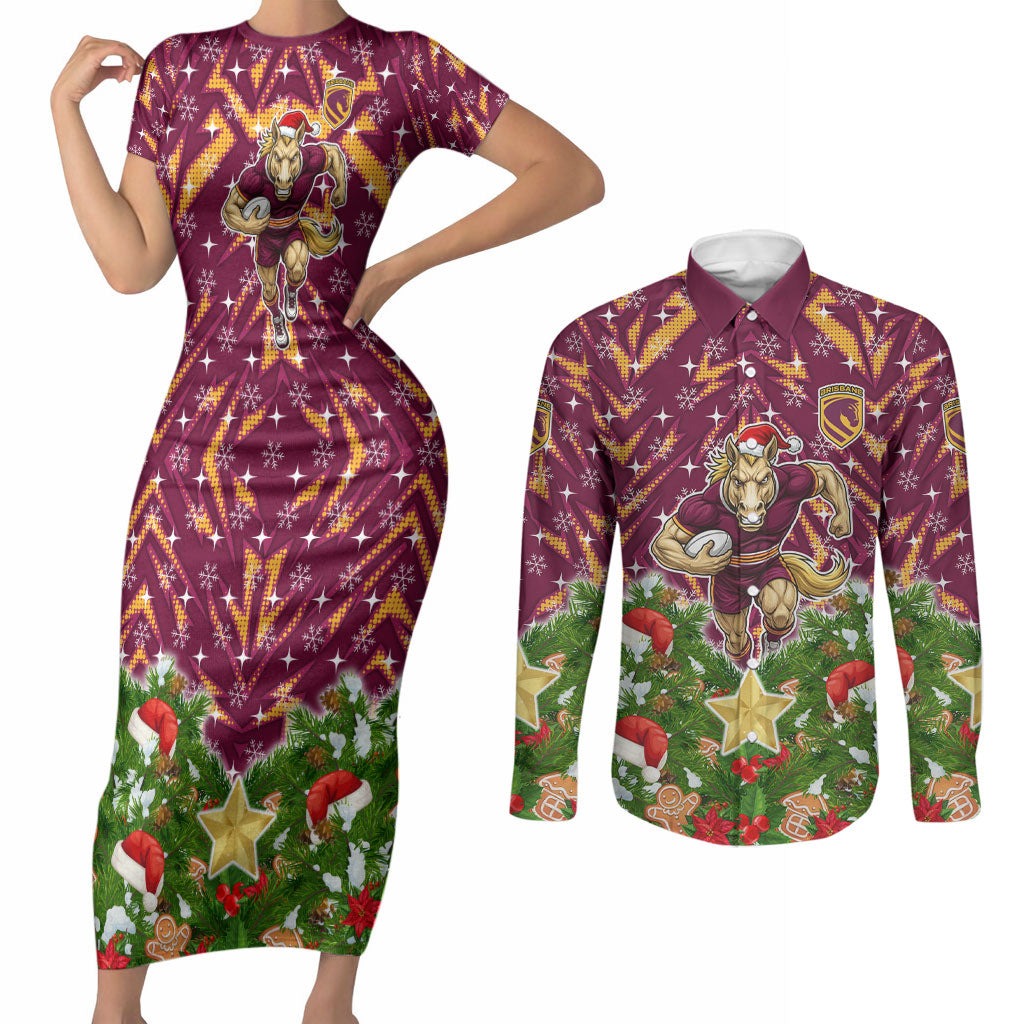 Personalised Broncos Rugby Christmas Couples Matching Short Sleeve Bodycon Dress and Long Sleeve Button Shirt Santa Rugby Mascot - Pine Wreath Festive