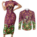 Personalised Broncos Rugby Christmas Couples Matching Short Sleeve Bodycon Dress and Long Sleeve Button Shirt Santa Rugby Mascot - Pine Wreath Festive