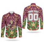 Personalised Broncos Rugby Christmas Couples Matching Short Sleeve Bodycon Dress and Long Sleeve Button Shirt Santa Rugby Mascot - Pine Wreath Festive