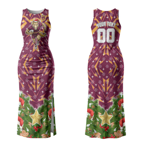 Personalised Broncos Rugby Christmas Couples Matching Tank Maxi Dress and Long Sleeve Button Shirt Santa Rugby Mascot - Pine Wreath Festive