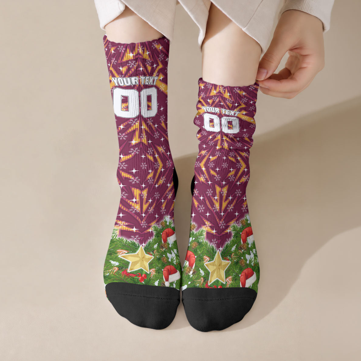 Personalised Broncos Rugby Christmas Crew Socks Santa Rugby Mascot - Pine Wreath Festive