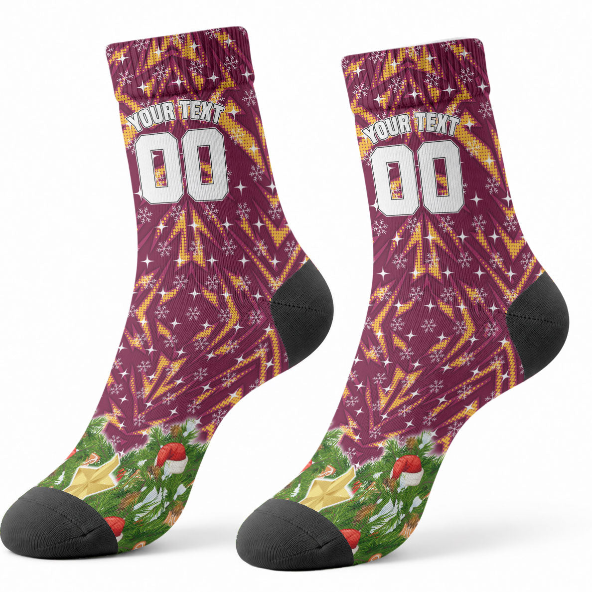 Personalised Broncos Rugby Christmas Crew Socks Santa Rugby Mascot - Pine Wreath Festive