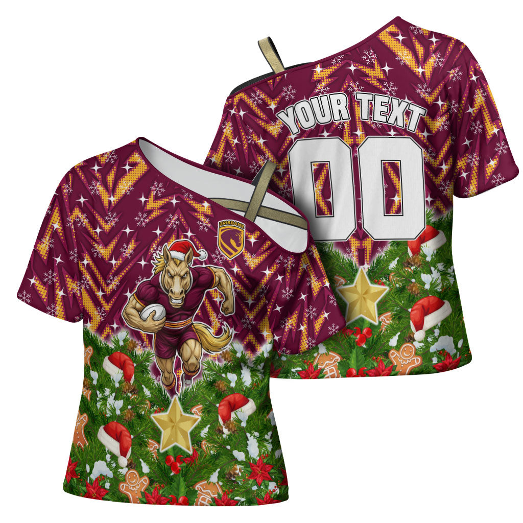Personalised Broncos Rugby Christmas Cross Shoulder Shirt Santa Rugby Mascot - Pine Wreath Festive
