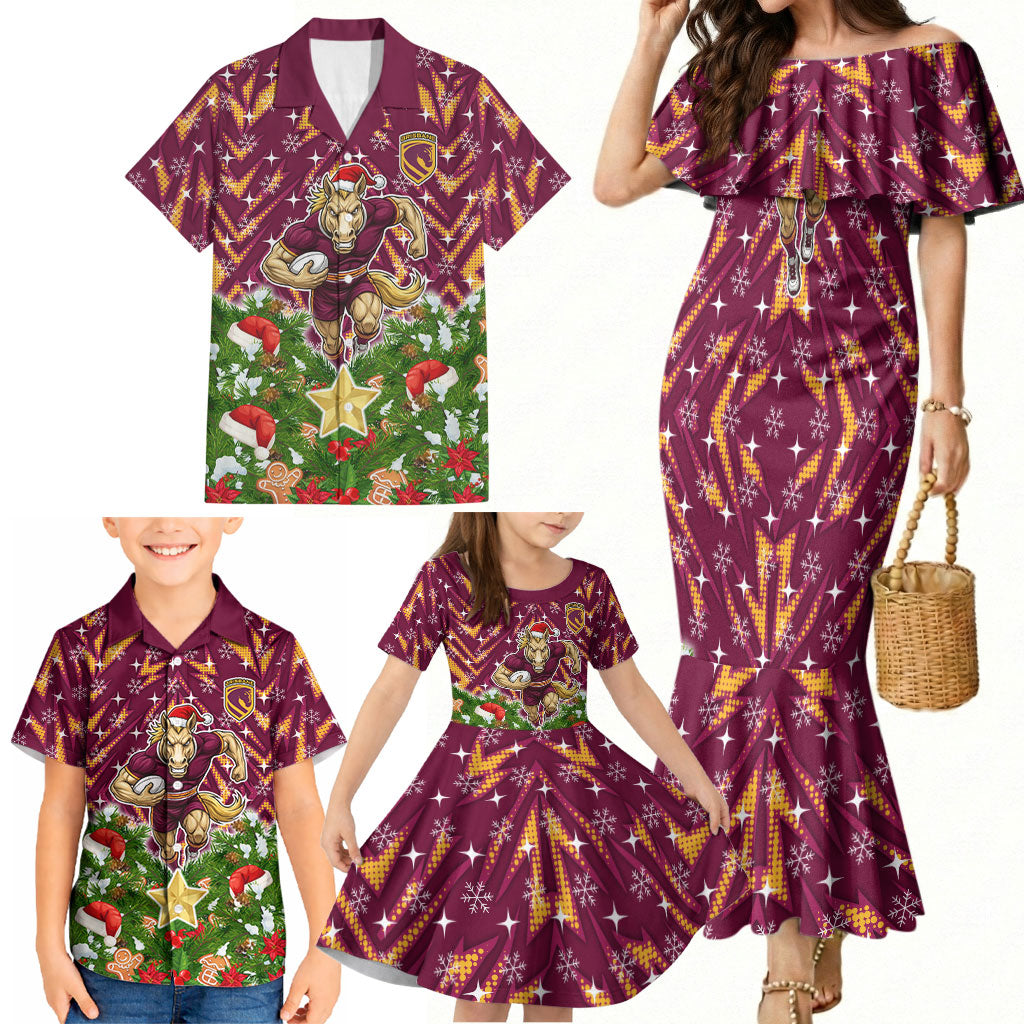 Personalised Broncos Rugby Christmas Family Matching Mermaid Dress and Hawaiian Shirt Santa Rugby Mascot - Pine Wreath Festive