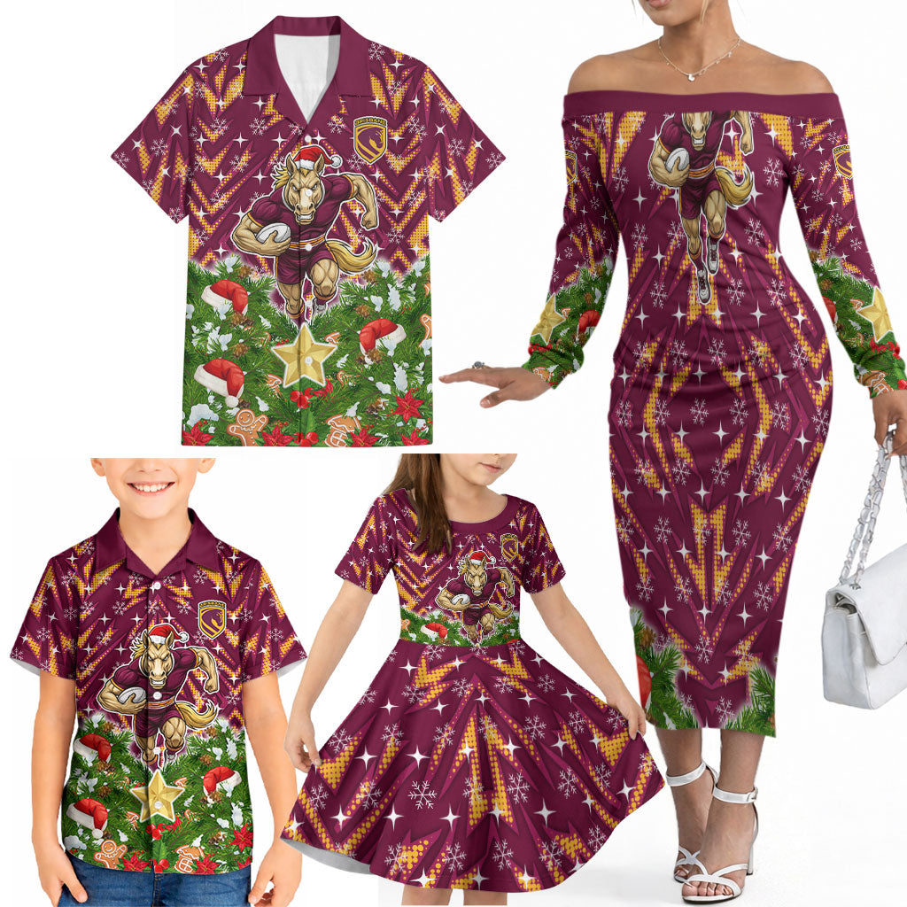 Personalised Broncos Rugby Christmas Family Matching Off The Shoulder Long Sleeve Dress and Hawaiian Shirt Santa Rugby Mascot - Pine Wreath Festive