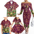 Personalised Broncos Rugby Christmas Family Matching Off The Shoulder Long Sleeve Dress and Hawaiian Shirt Santa Rugby Mascot - Pine Wreath Festive