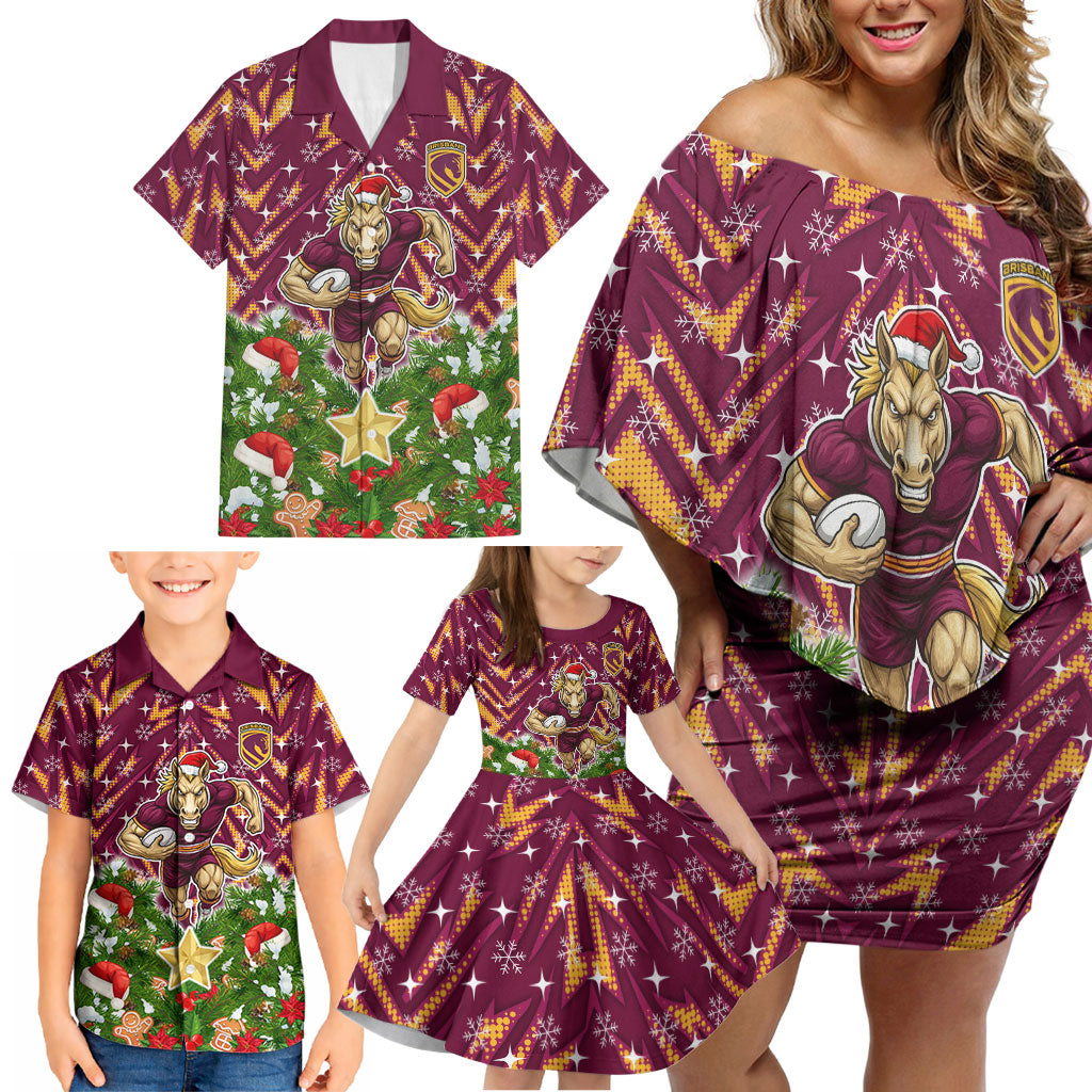 Personalised Broncos Rugby Christmas Family Matching Off Shoulder Short Dress and Hawaiian Shirt Santa Rugby Mascot - Pine Wreath Festive