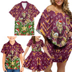 Personalised Broncos Rugby Christmas Family Matching Off Shoulder Short Dress and Hawaiian Shirt Santa Rugby Mascot - Pine Wreath Festive