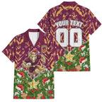Personalised Broncos Rugby Christmas Family Matching Off Shoulder Short Dress and Hawaiian Shirt Santa Rugby Mascot - Pine Wreath Festive