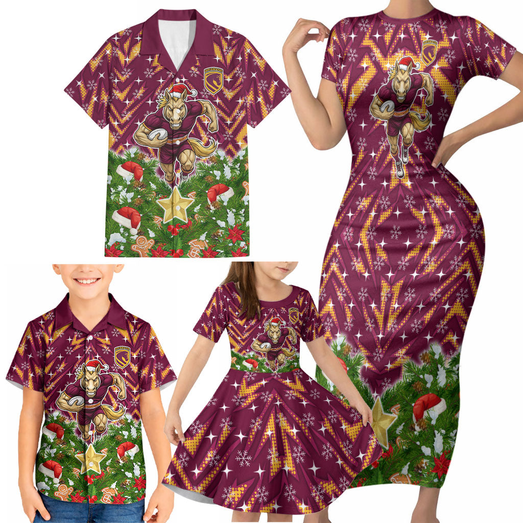 Personalised Broncos Rugby Christmas Family Matching Short Sleeve Bodycon Dress and Hawaiian Shirt Santa Rugby Mascot - Pine Wreath Festive